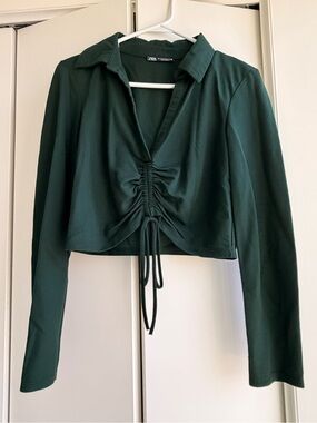 ZARA Ruched Drawstring Crop Top | Green | Size M